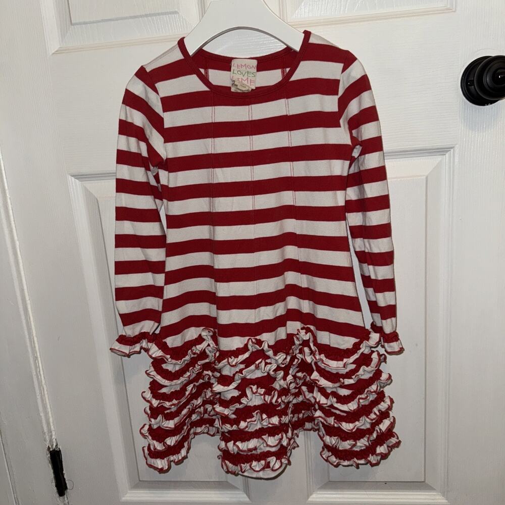 Lemon Loves Lime Girls Red White Stripe Ruffle Dress Size 6 Long Sleeve‎